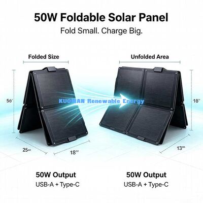 50W ETFE折りたたみ式ソーラーパネル、防水ポータブルソーラー充電器（ビーチキャンプ用）
